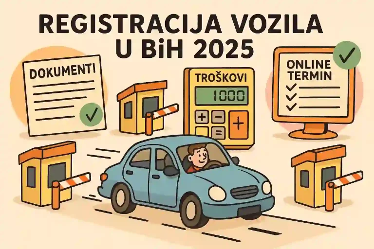 ilustracija prikazuje plavi automobil koji prolazi pored tri registracijska punkta, s istaknutim dokumentom “DOKUMENTI”, kalkulatorom “1000” (troškovi) i ekranskim checklistom za online termin.